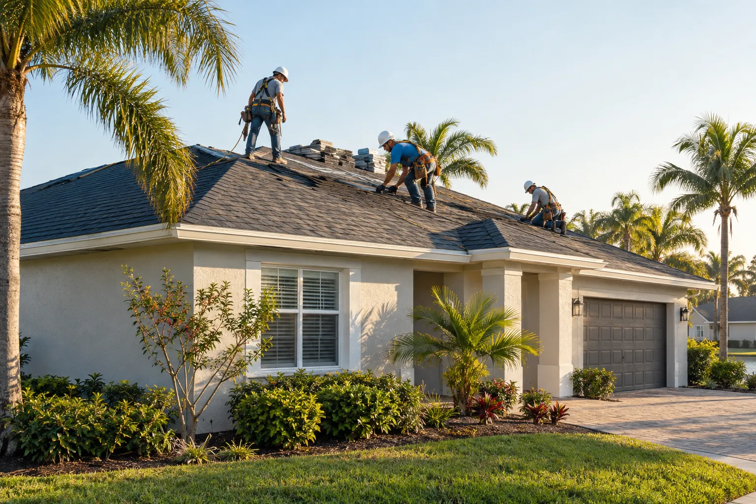 A tile and shingle roof on a single-story home in Miami under a clear sky