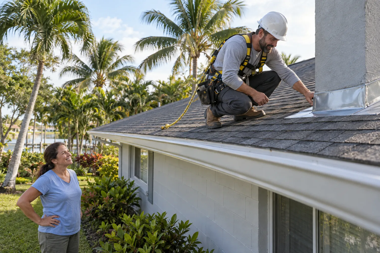 Roofing provider inspecting a shingle roof for leaks near a Miami home