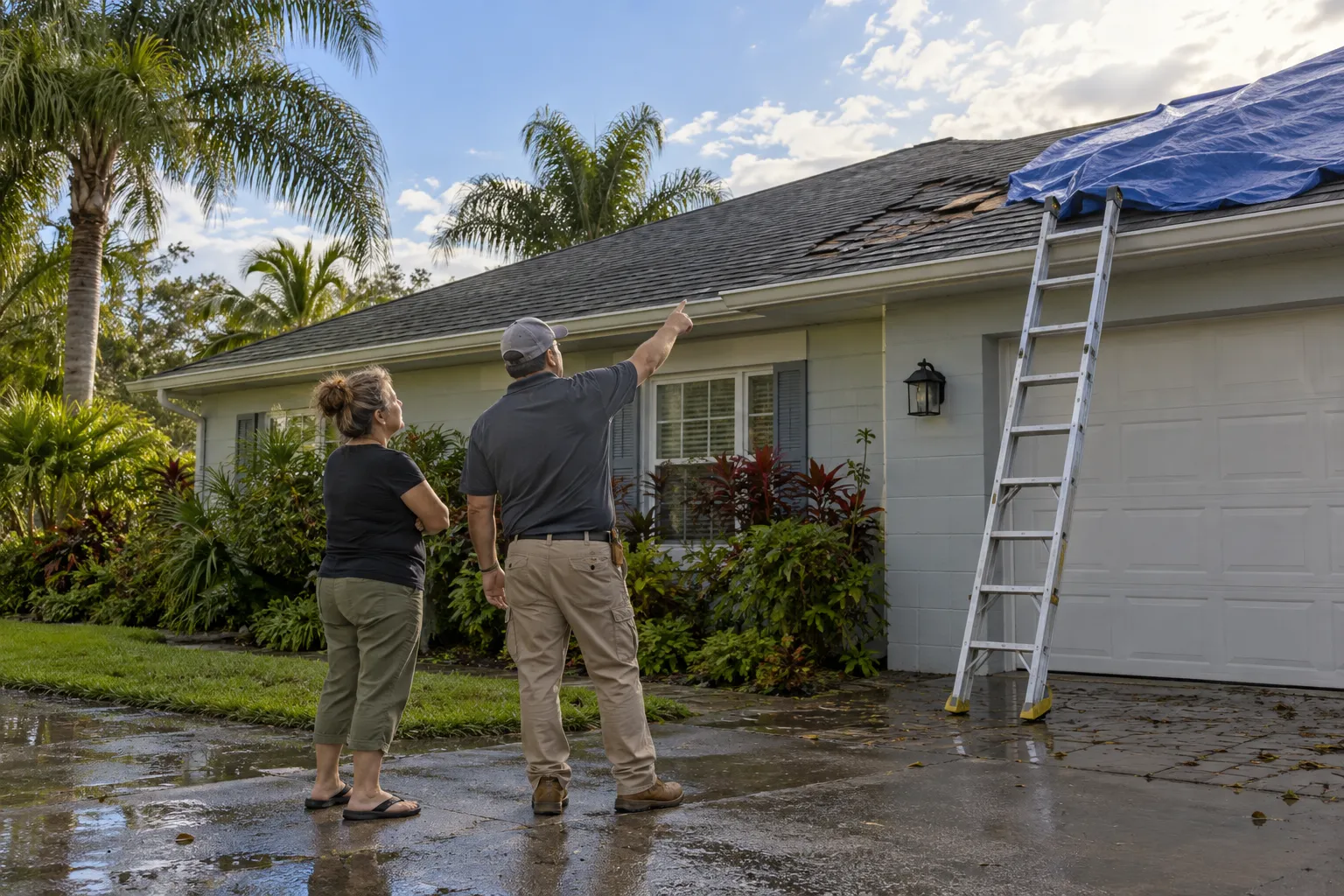 Homeowner and roofing provider looking at storm-damaged shingles on a house in Miami